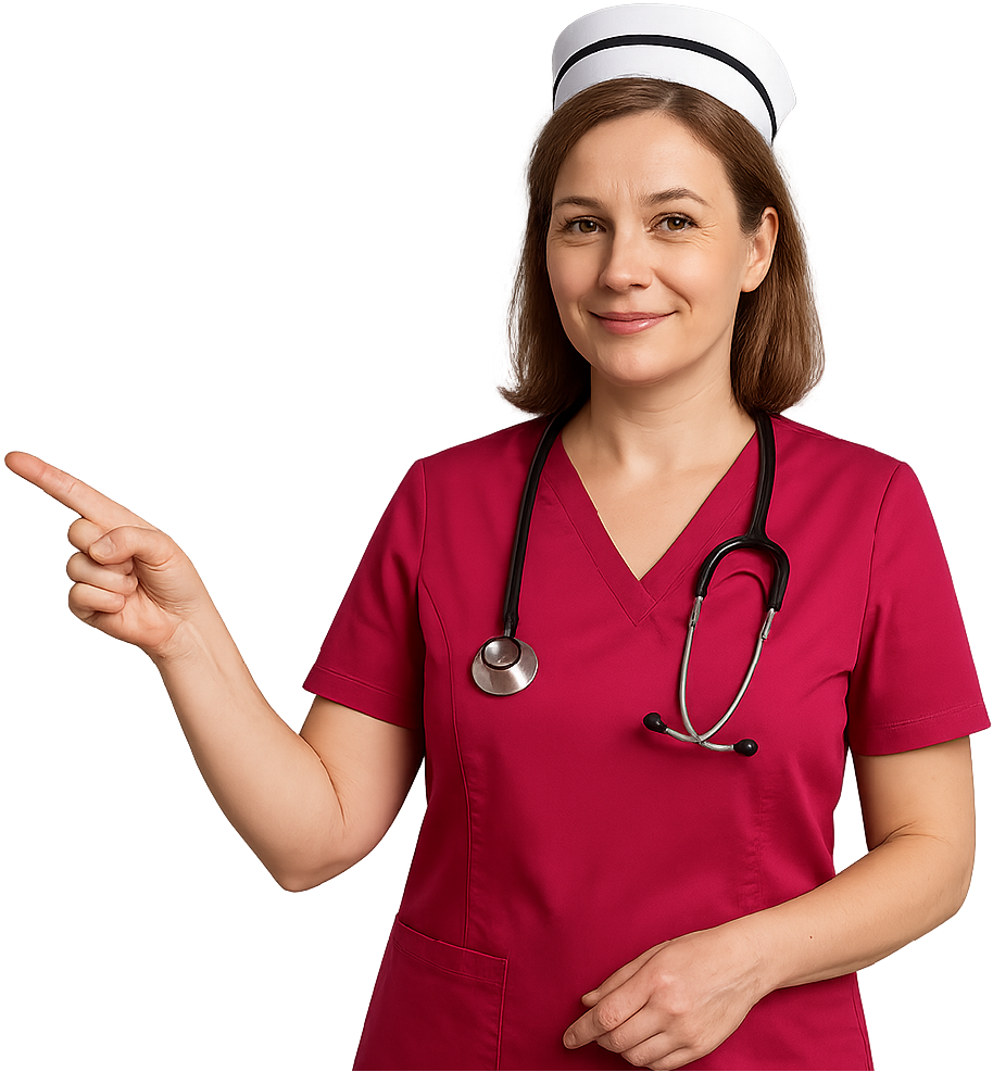 Pielęgniarka w malinowym uniformie wskazująca w lewo na treść — MalinaMed